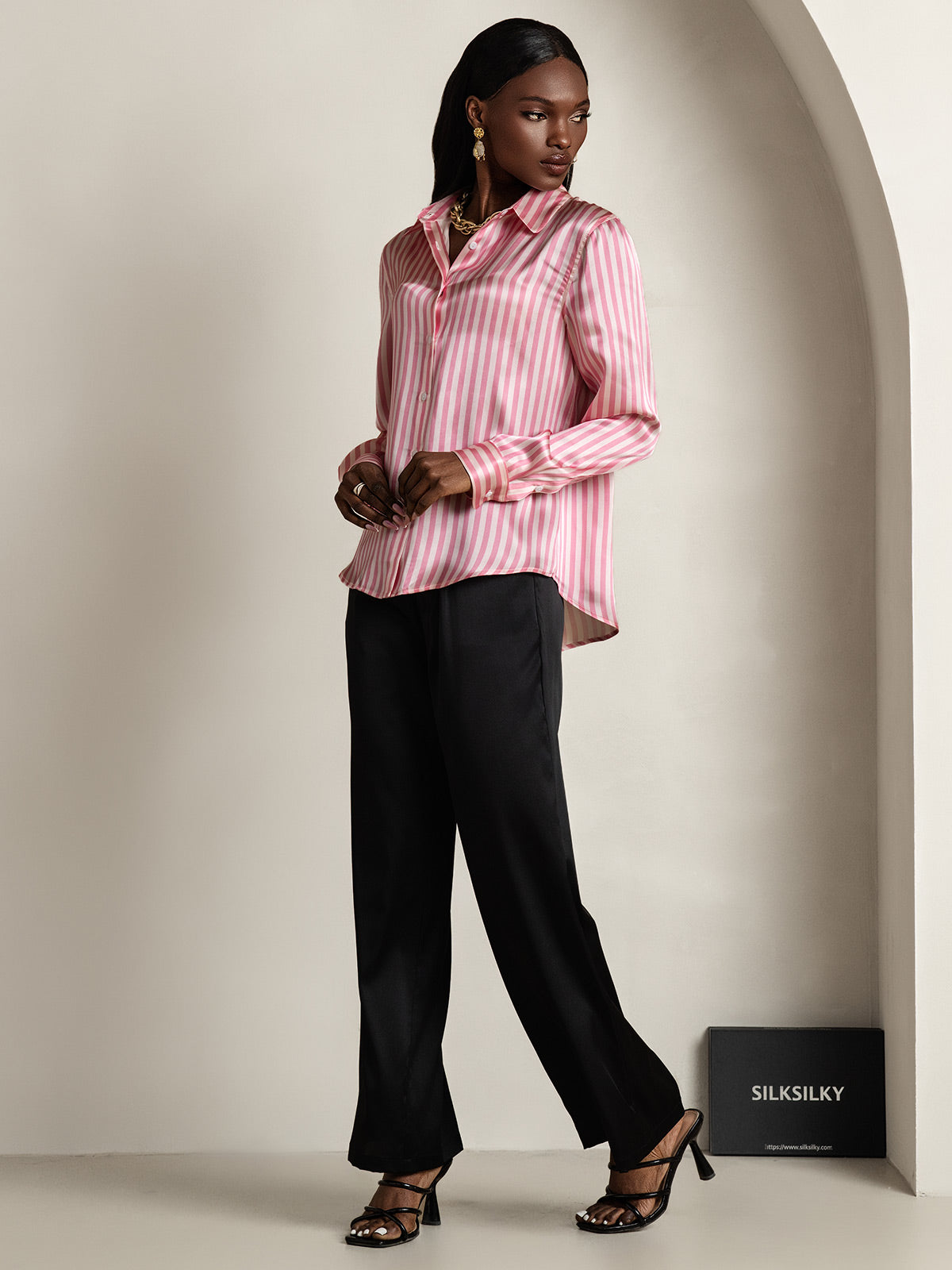 SilkSilky  Silk Long Sleeve Collar Women's Shirt Pink 007