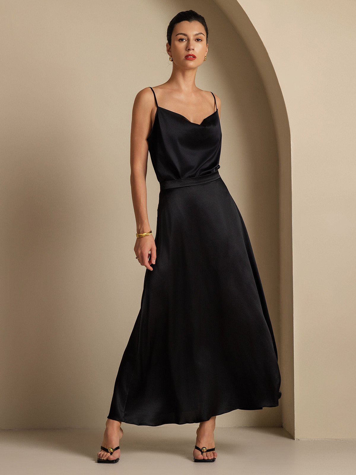 [Black] SilkSilky  19Momme Silk Cowl Neck Women''s Outfit Sets 003,