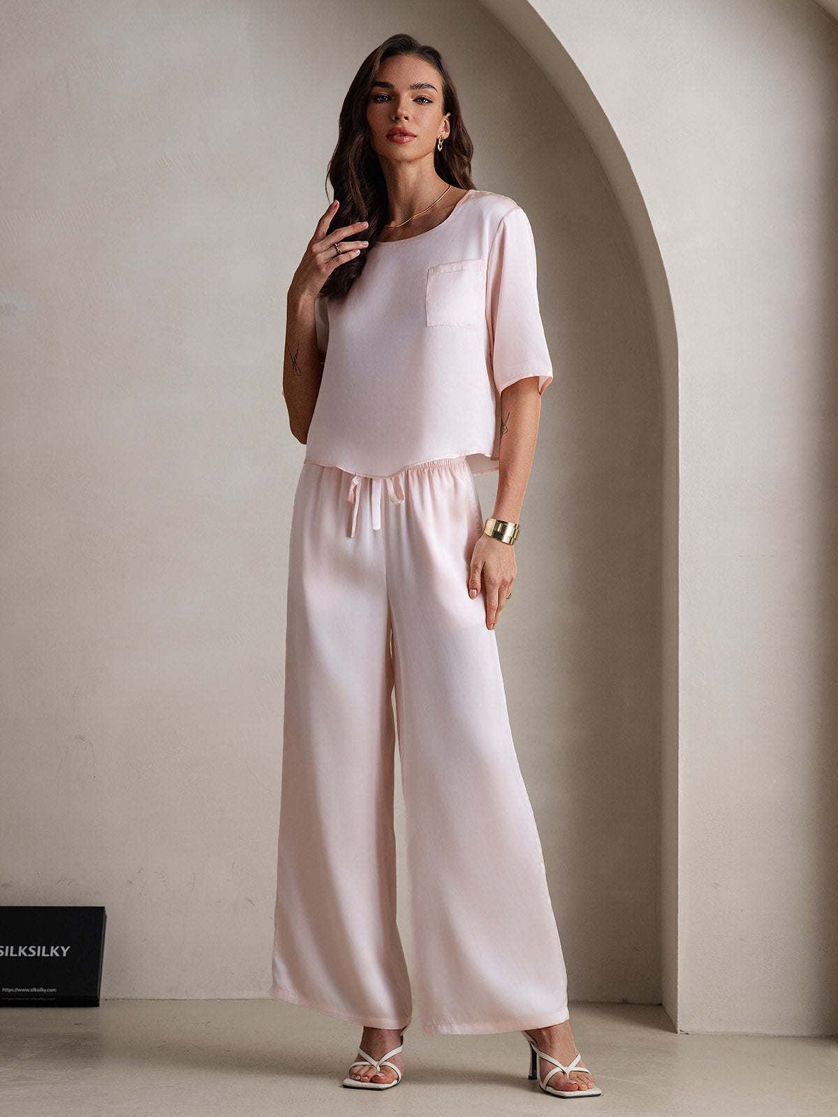 [Pink] SilkSilky  Half Sleeve Round Neck Women's Pajamas 003