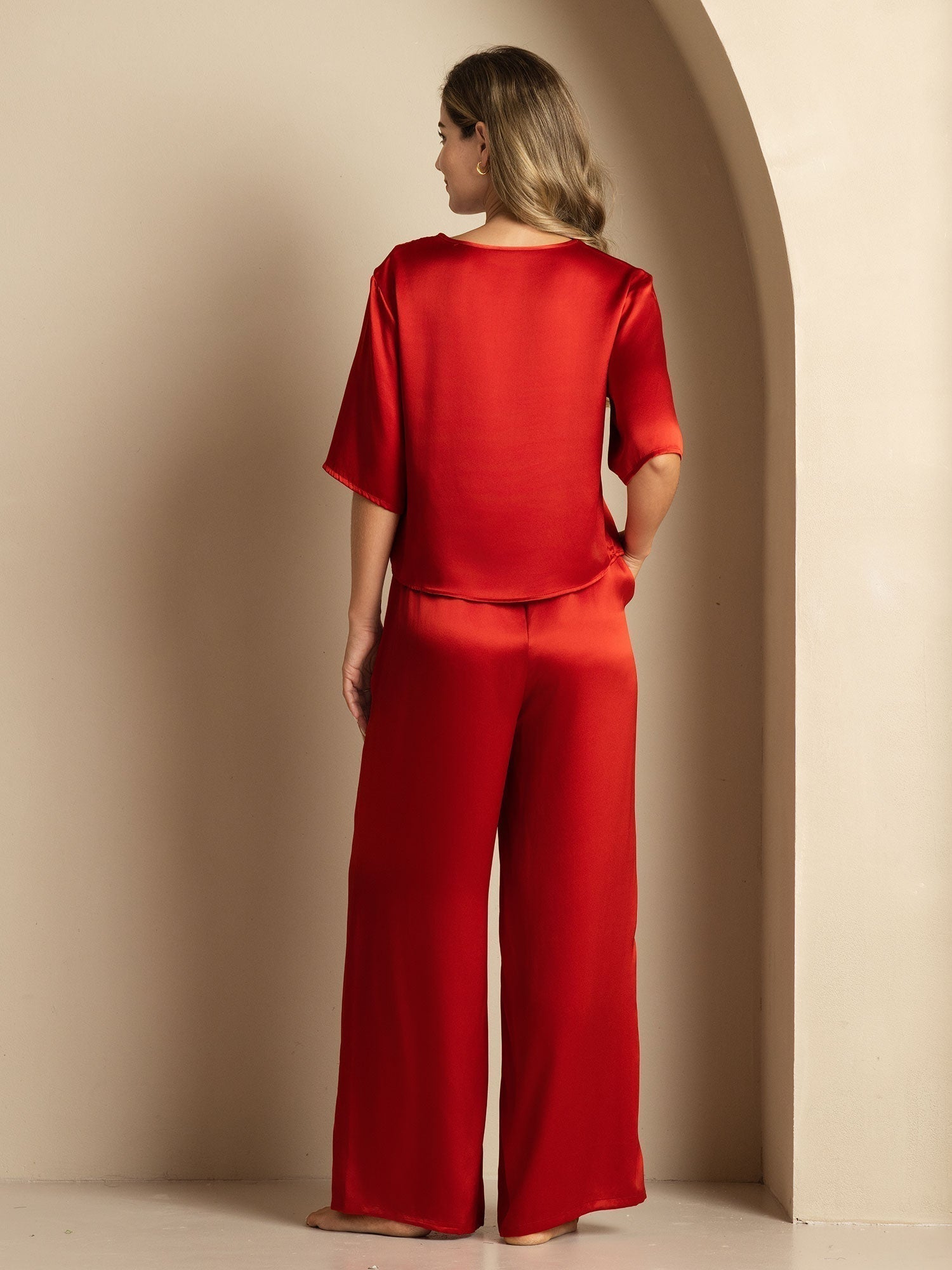 [Wine] SilkSilky  Half Sleeve Round Neck Women's Pajamas 002