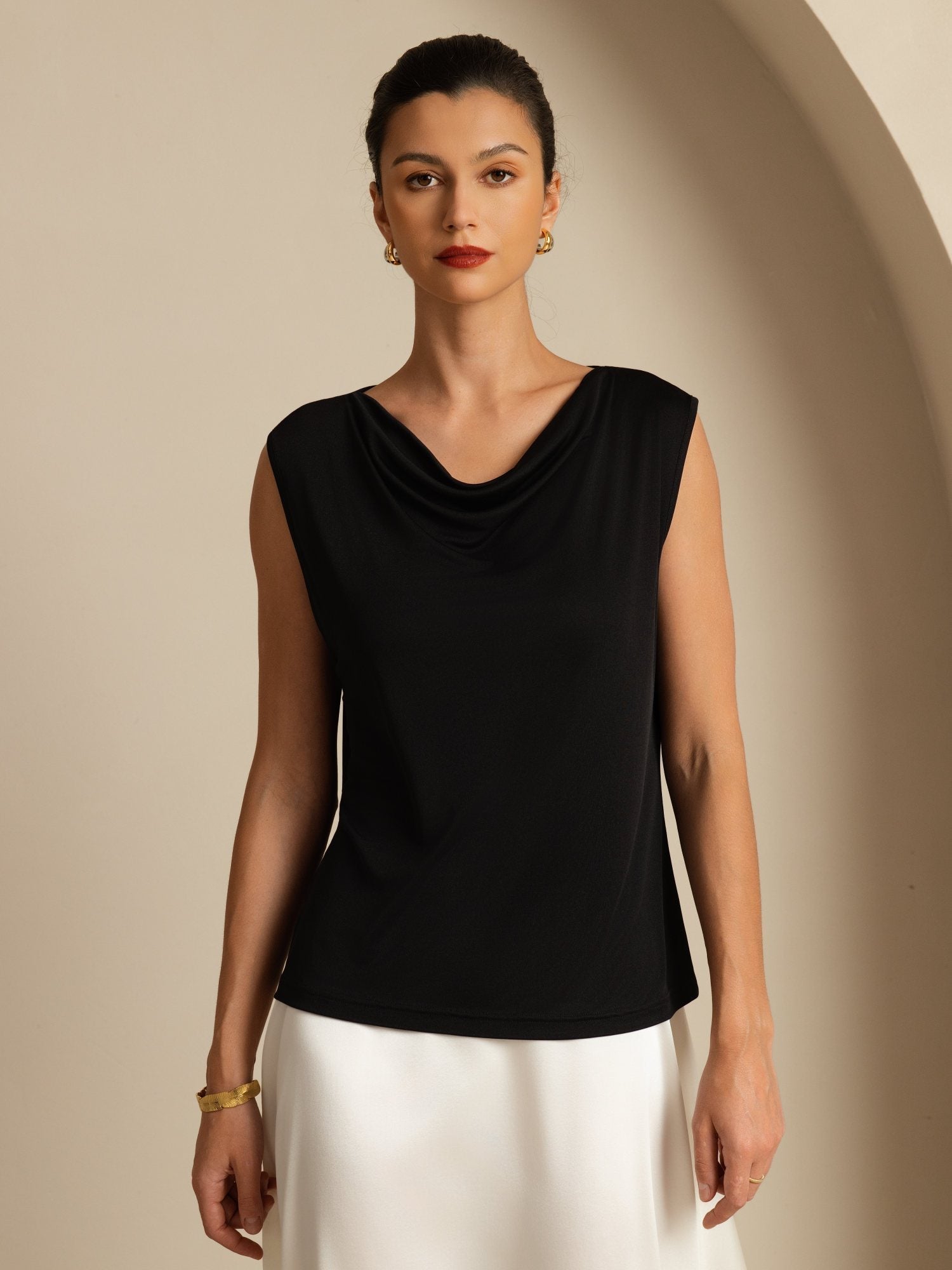 [Black] SilkSilky Silk Sleeveless Cowl Neck Women's T-Shirt 001