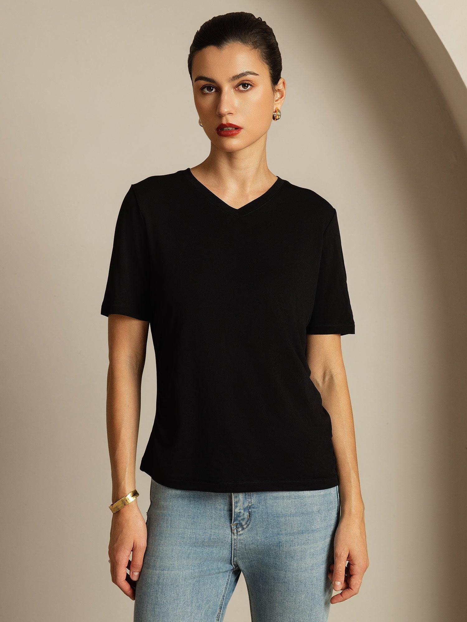 [Black] SilkSilky Pure Silk V Neck Women's T-Shirt 005