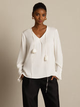 [White] SilkSilky 19Momme Silk Long Sleeve V Neck Blouse 003