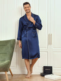 SilkSilky US Pure Silk Long Sleeve Lapel Men's Robe DarkBlue 005