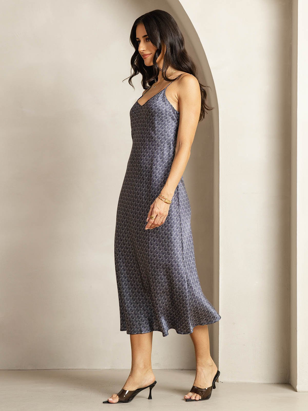 [Navy Ginkgo] SilkSilky  19Momme Silk V Neck Dress 003