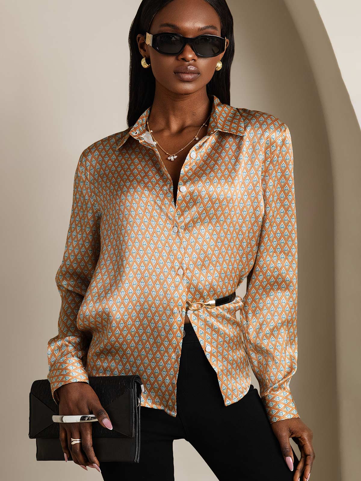 [Floral] SilkSilky  19Momme Stretch Silk Charmeuse Long Sleeve Lapel Collar Women's Shirt 003