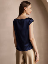 [Dark Blue] SilkSilky  19Momme Stretch Silk Charmeuse Cap Sleeve Cowl Neck Women's T-Shirt 002