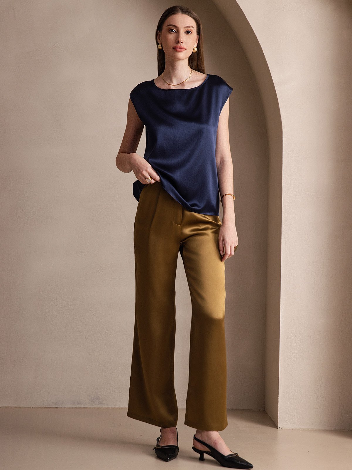 [Dark Blue] SilkSilky  19Momme Silk Round Neck Women's T-Shirt 005