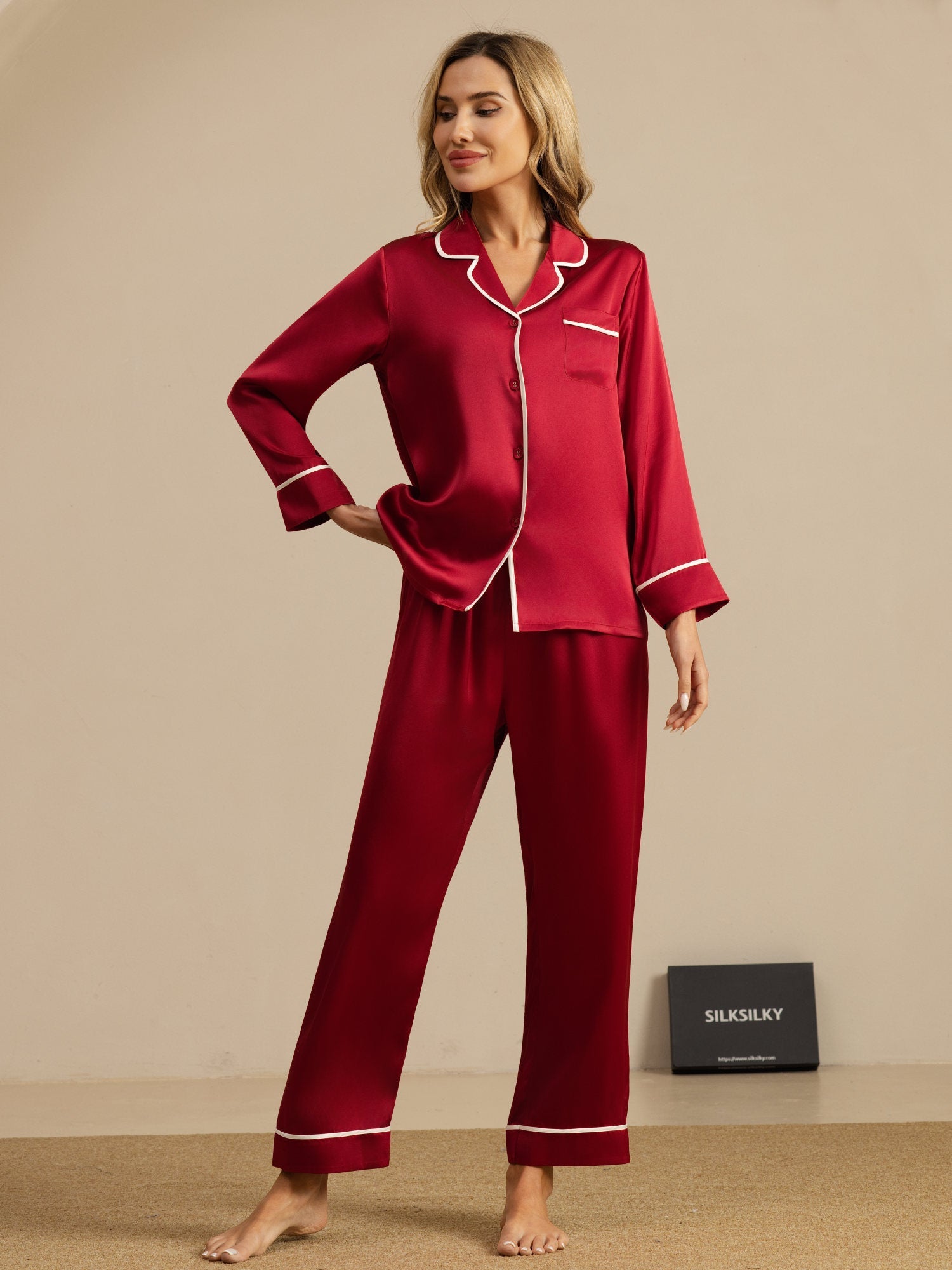 [Wine] SilkSilky  Long Sleeve Notch Collar Women's Pajamas 001