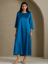 [Teal] SilkSilky 3/4 Sleeve Round Neck Dress 005