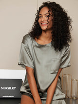 [Grayish Green] SilkSilky  Short Sleeve Round Neck Women's Pajamas 005
