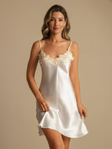 [White] SilkSilky  Spaghetti Strap V Neck Nightgown 001