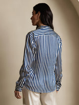 [Navy Stripe] SilkSilky  Long Sleeve Lapel Collar Women's Shirt 002