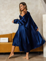 [Dark Blue] SilkSilky  Long Sleeve V Neck Nightgown&Robe Set 002