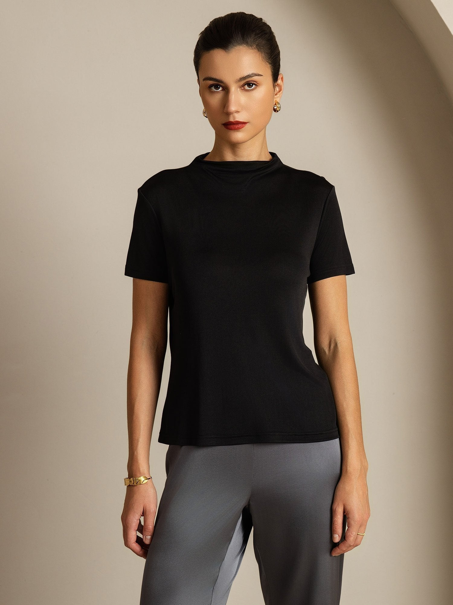 [Black] SilkSilky  Pure Silk Collar Women's T-Shirt 003