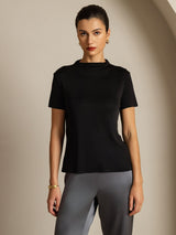 [Black] SilkSilky  100% Silk Jersey Short Sleeve Mock Neck Women's T-Shirt 003