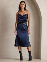 [Dark Blue] SilkSilky  19Momme Stretch Silk Charmeuse Spaghetti Strap Cowl Neck Camisole Top 001
