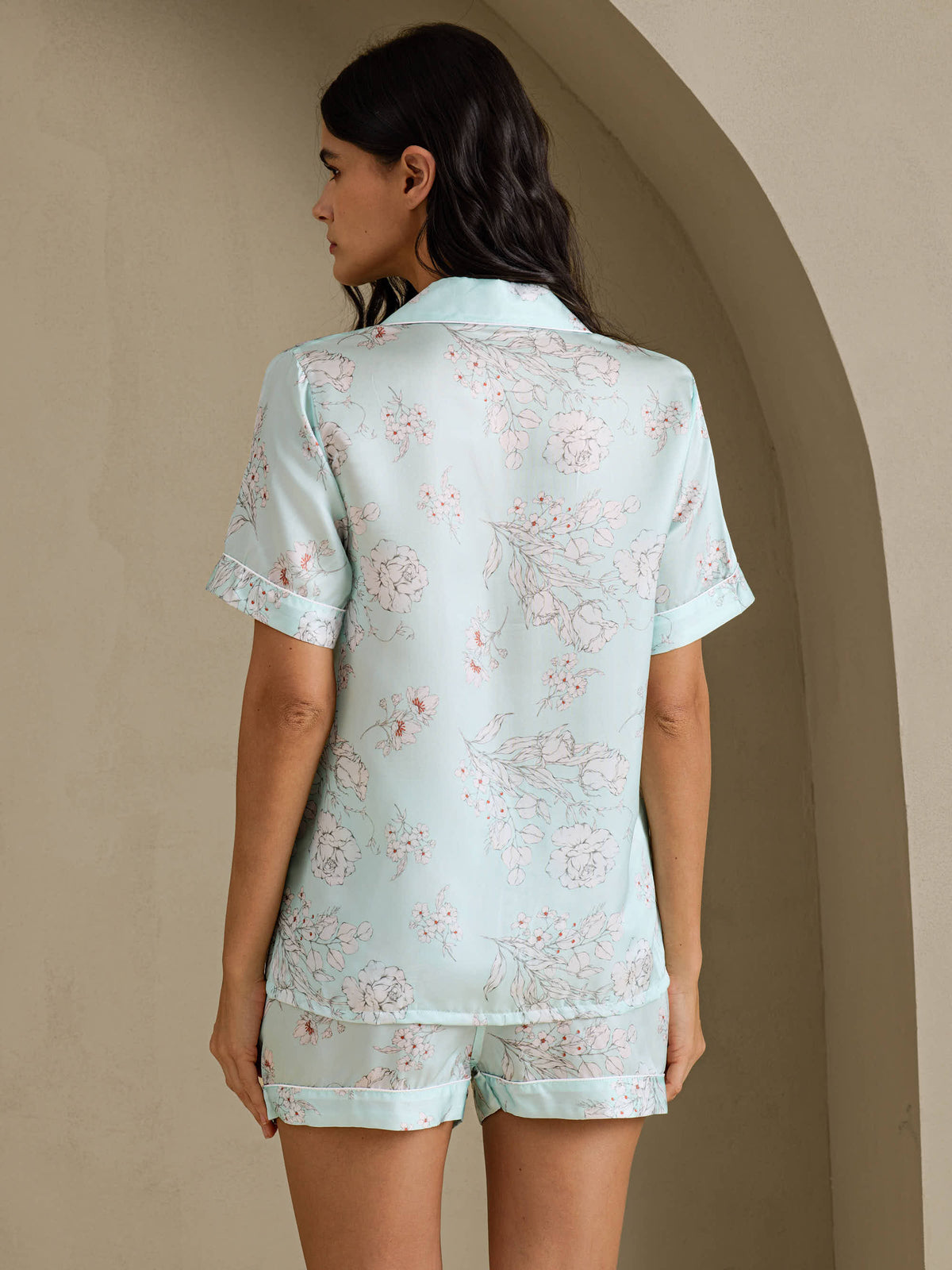 [Sky Floral] SilkSilky Short Sleeve Notch Collar Women's Pajamas 002