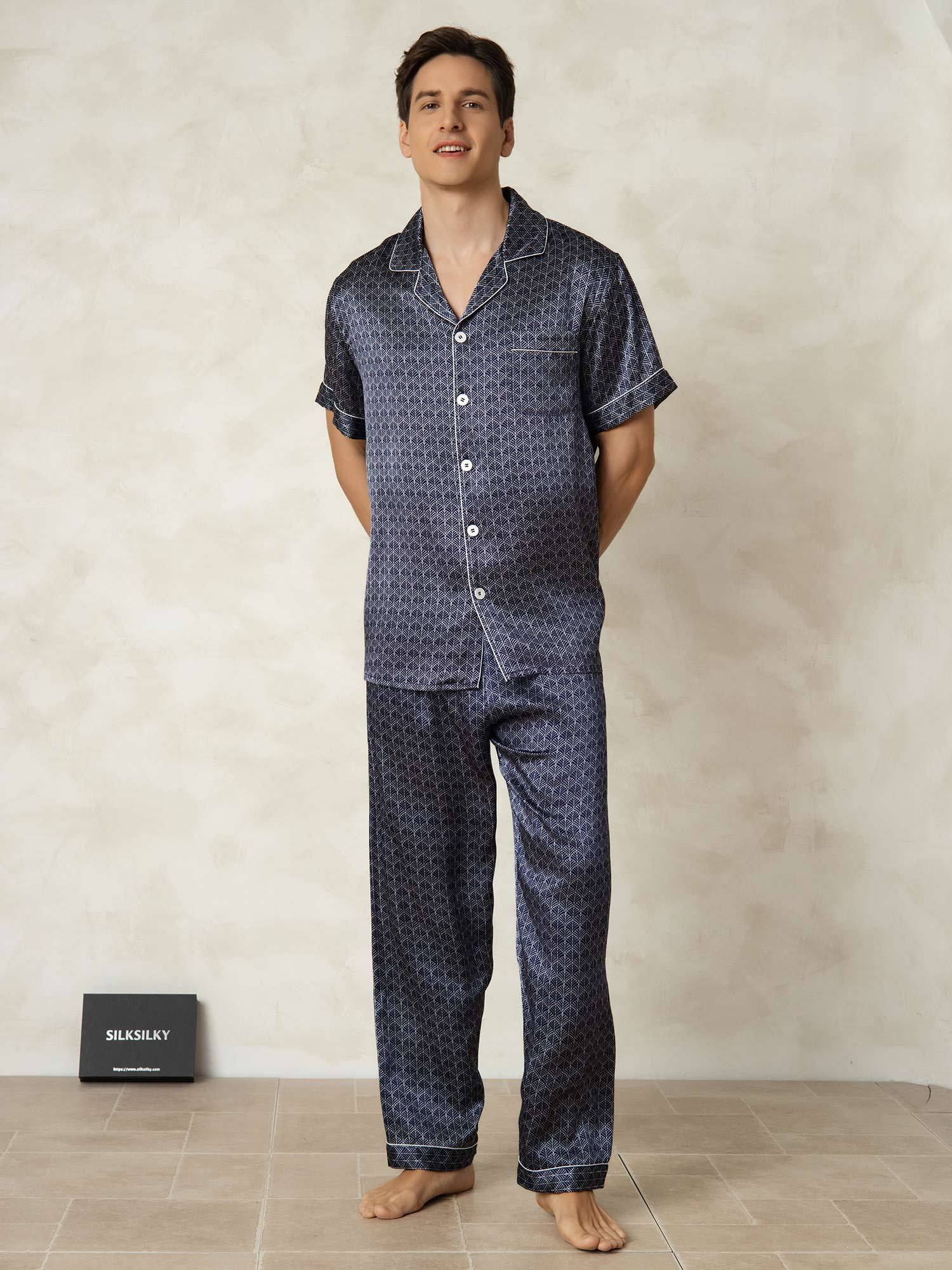 [NavyGinkgo] SilkSilky Pure Silk Lapel Collar Men's Pajamas 006