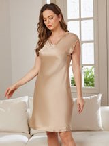 [Champagne] SilkSilky  Cap Sleeve V Neck Nightgown 004