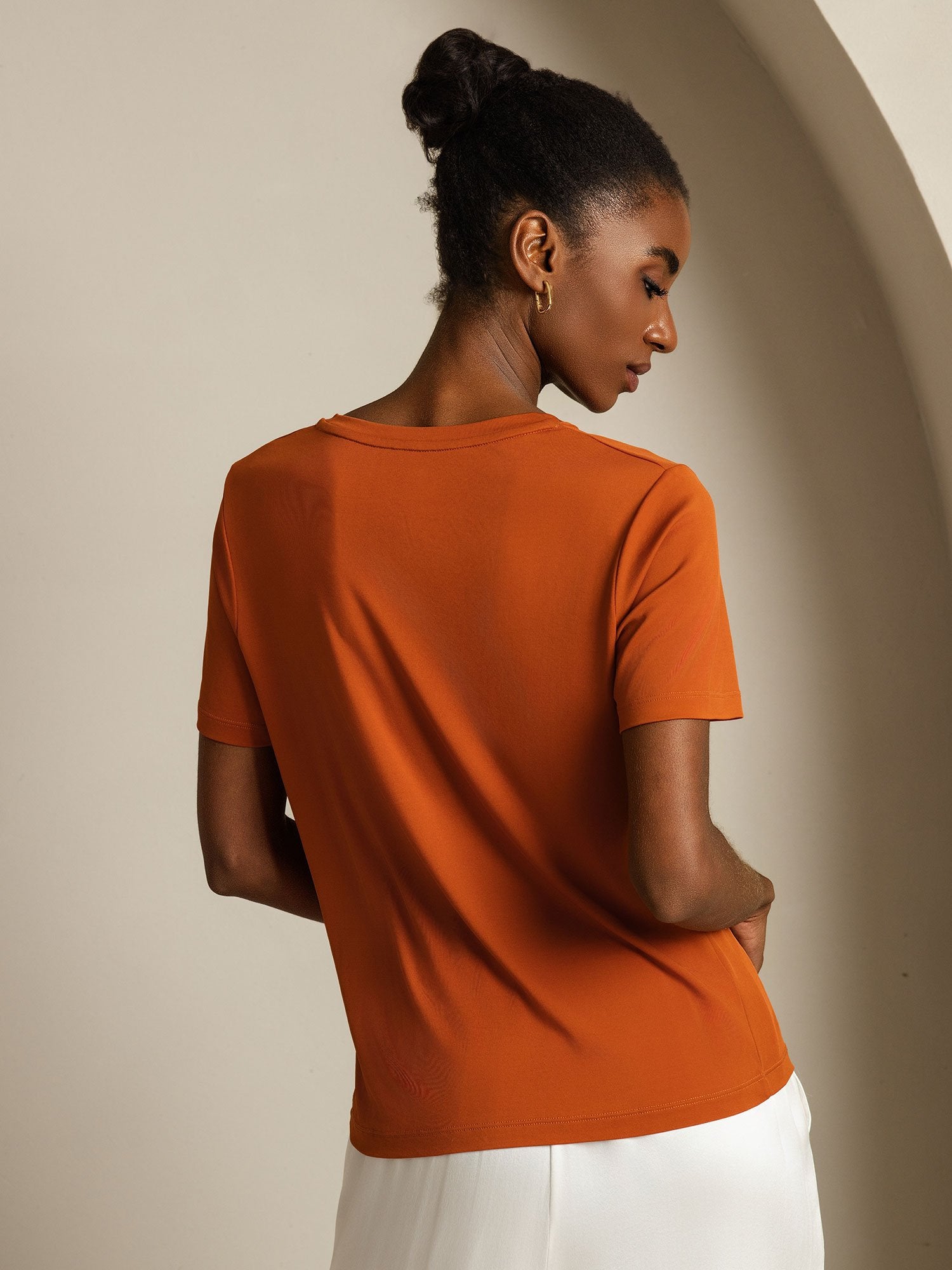 [Orange] SilkSilky Pure Silk V Neck Women's T-Shirt 002