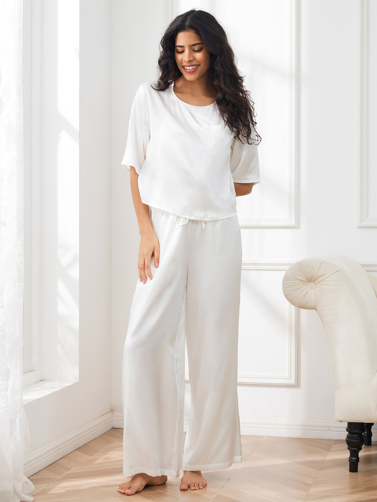 SilkSilky US Pure Silk Half Sleeve Round Neck Women's Pajamas White 003