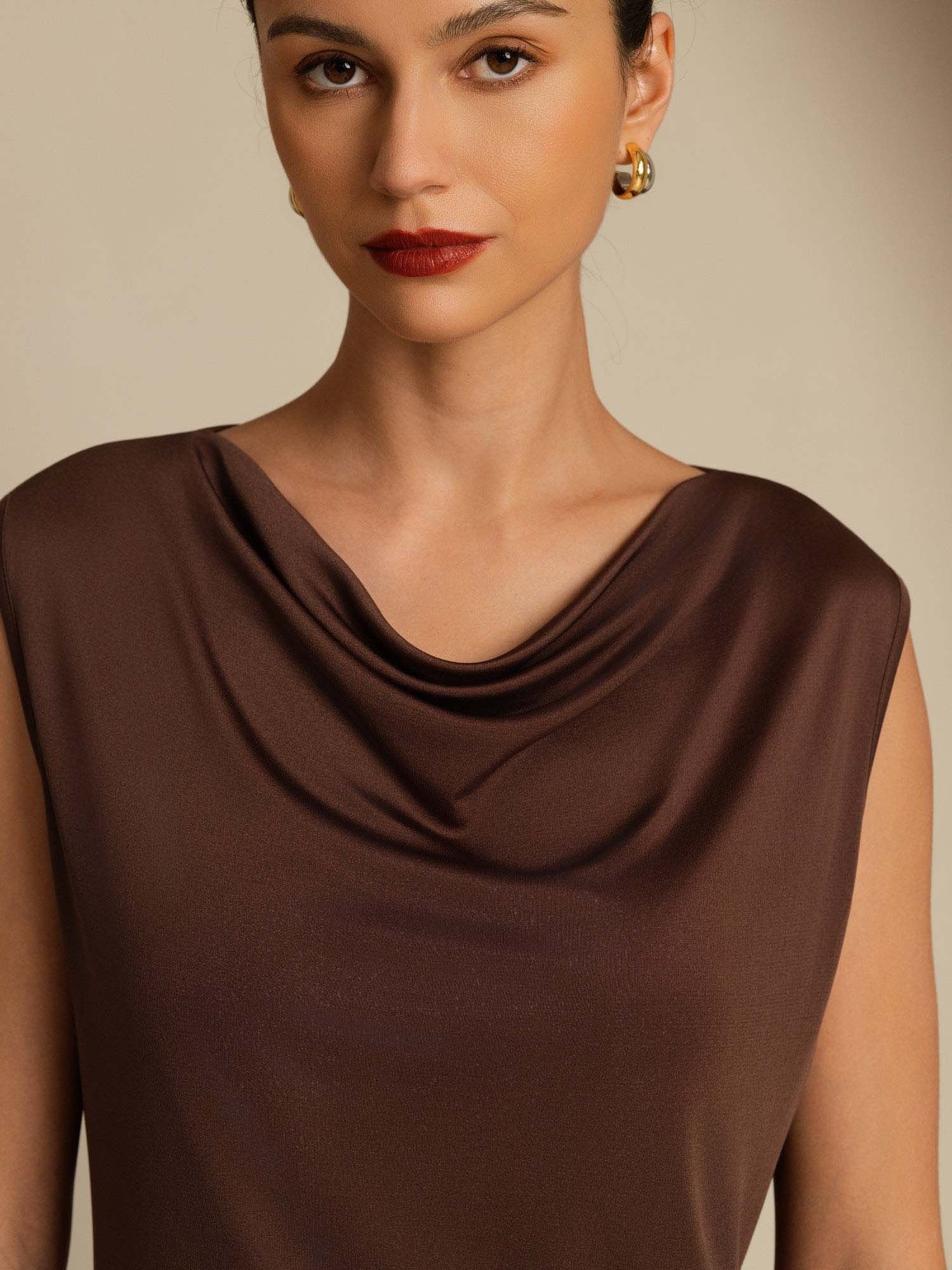 [Coffee] SilkSilky Silk Sleeveless Cowl Neck Women's T-Shirt 005