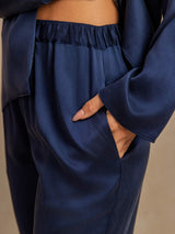 [Dark Blue] SilkSilky  19Momme Machine-Washable Silk Long Sleeve Notch Collar Women's Pajamas 005