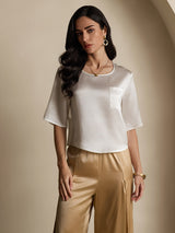 [White] SilkSilky  Pure Silk Half Sleeve Scoop Neck Women's T-Shirt 003