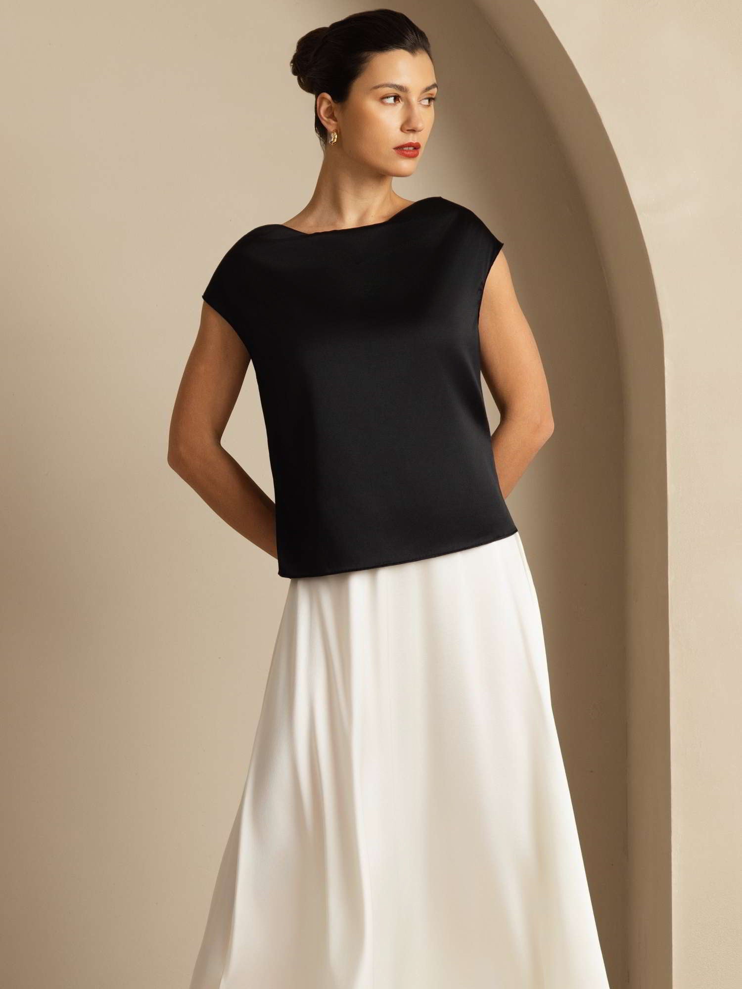 [Black] SilkSilky  19Momme Silk Cap Sleeve Cowl Neck Women's T-Shirt 008