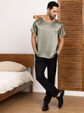 SilkSilky US Pure Silk Short Sleeve Round Neck Men's T Shirt GrayishGreen 003