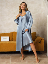 [Grayish Blue] SilkSilky  Long Sleeve V Neck Nightgown&Robe Set 005