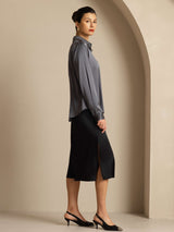 [Dark Gray] SilkSilky  19Momme Stretch Silk Charmeuse Long Sleeve Lapel Collar Women's Shirt 009