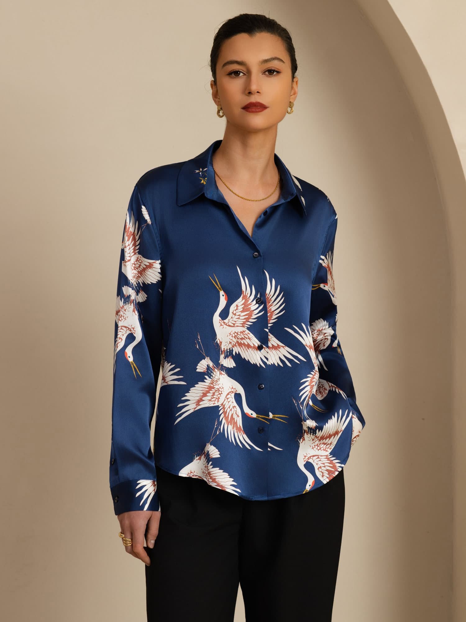 [Dark Blue] SilkSilky  19Momme Long Sleeve Lapel Collar Women's Shirt 003