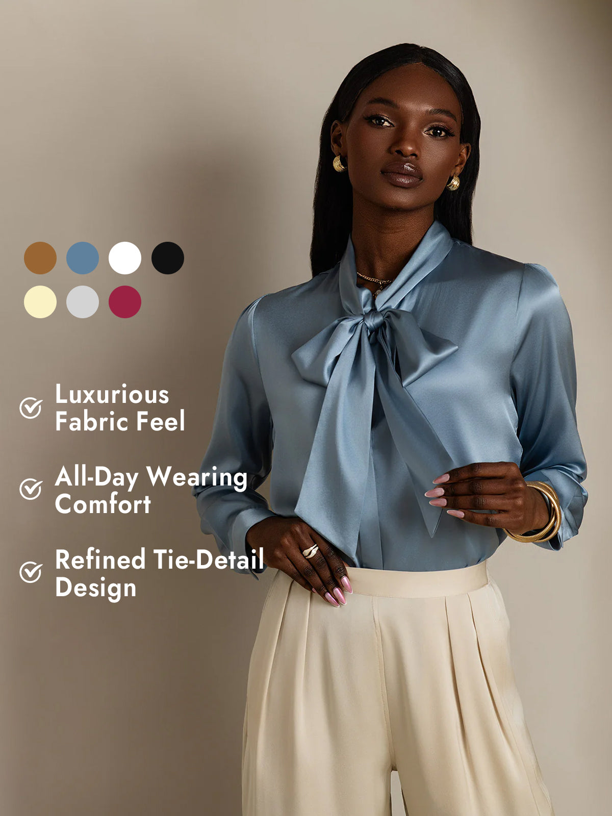 [Grayish Blue] SilkSilky  19Momme Silk Long Sleeve Tie Neck Blouse 001