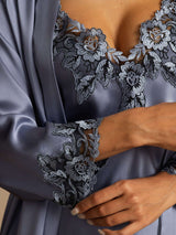 [Steel Blue] SilkSilky  Pure Silk 3/4 Sleeve V Neck Women's Pajamas 004
