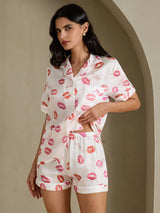 [White Lipstick] SilkSilky  Short Sleeve Notch Collar Women's Pajamas 003