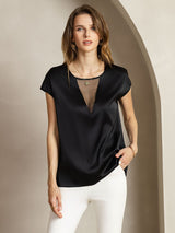 [Black] SilkSilky  Cap Sleeve Round Neck Women's T-Shirt 001