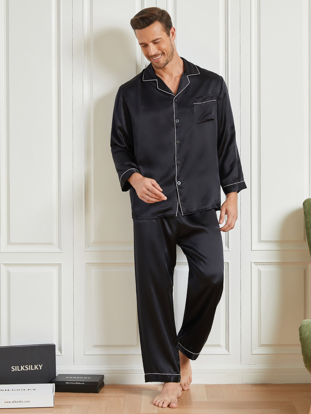 SilkSilky US 19Momme Pure Silk Long Sleeve Lapel Men's Pajamas Black 003