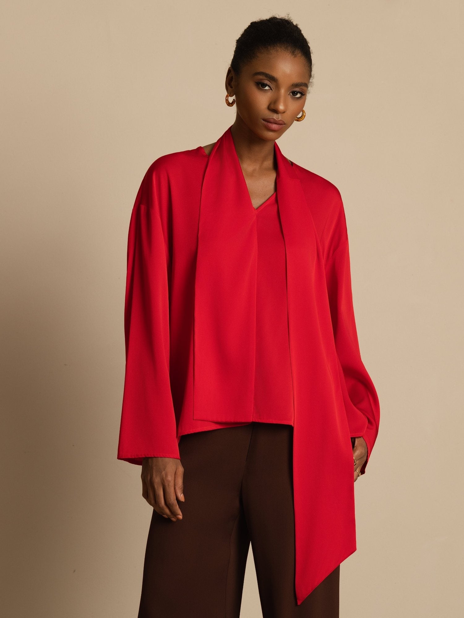 [Wine] SilkSilky 19Momme Silk Long Sleeve V Neck Blouse 004