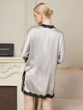 SilkSilky US Pure Silk 3/4 Sleeve V Neck Nightgown Silver 003