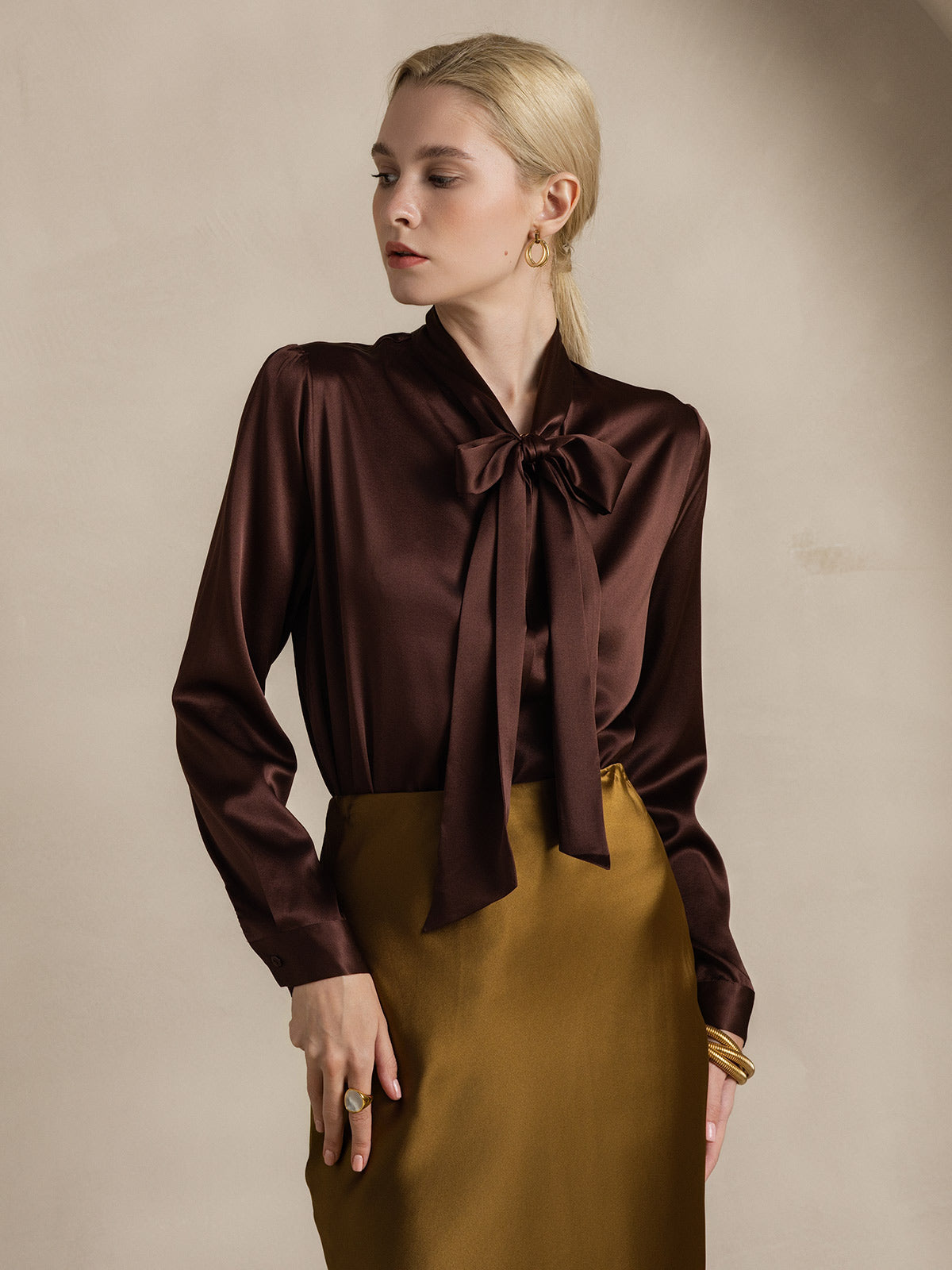 [Coffee] SilkSilky 19Momme Silk Long Sleeve Tie Neck Women's Shirt 001