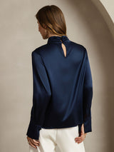 [Dark Blue] SilkSilky  19Momme Silk Keyhole Neck Women's Shirt 002