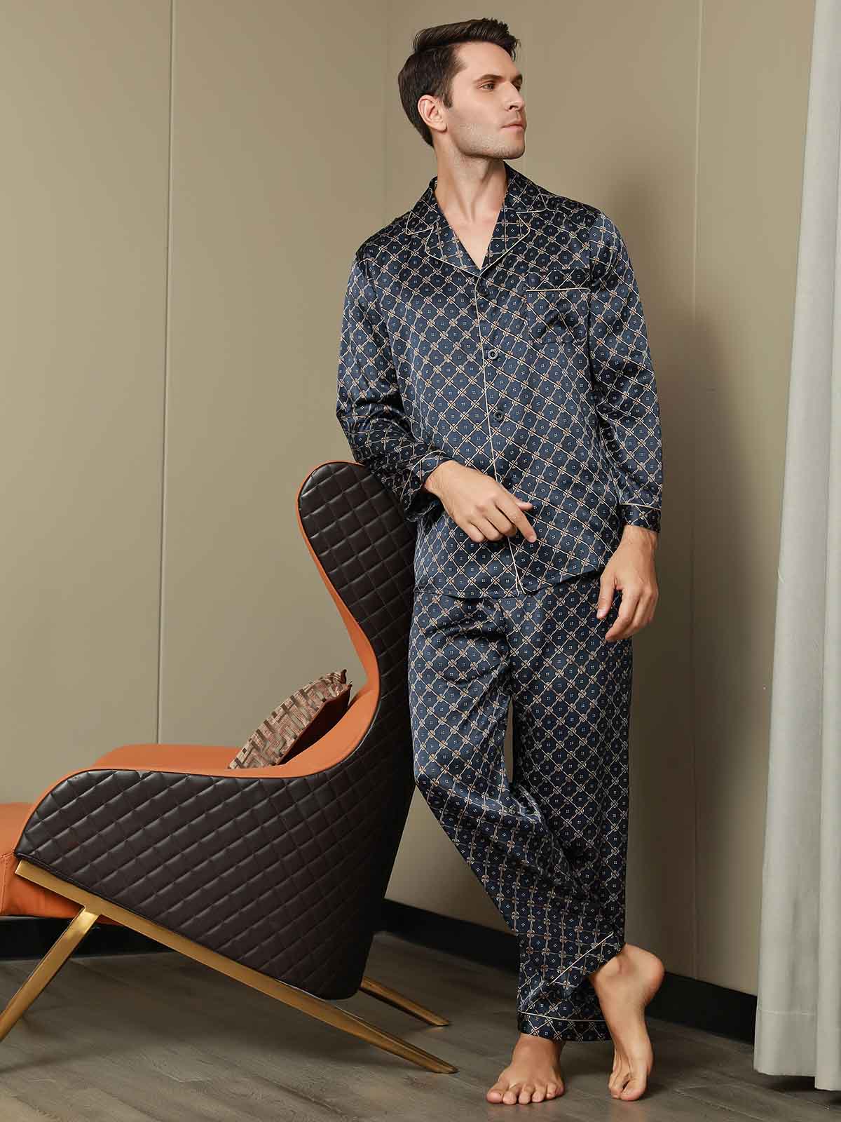 SilkSilky US Pure Silk Long Sleeve Lapel Men's Pajamas DarkBlue 001