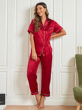 SilkSilky US Pure Silk Short Sleeve Lapel Women's Pajamas DarkRed 003