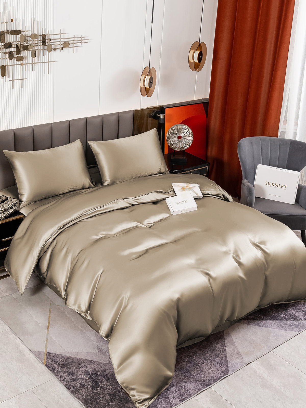 SilkSilky US 19Momme Pure Silk Bedding Set Khaki 001