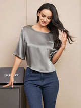 [Dark Gray] SilkSilky  Pure Silk Half Sleeve Scoop Neck Women's T-Shirt 003
