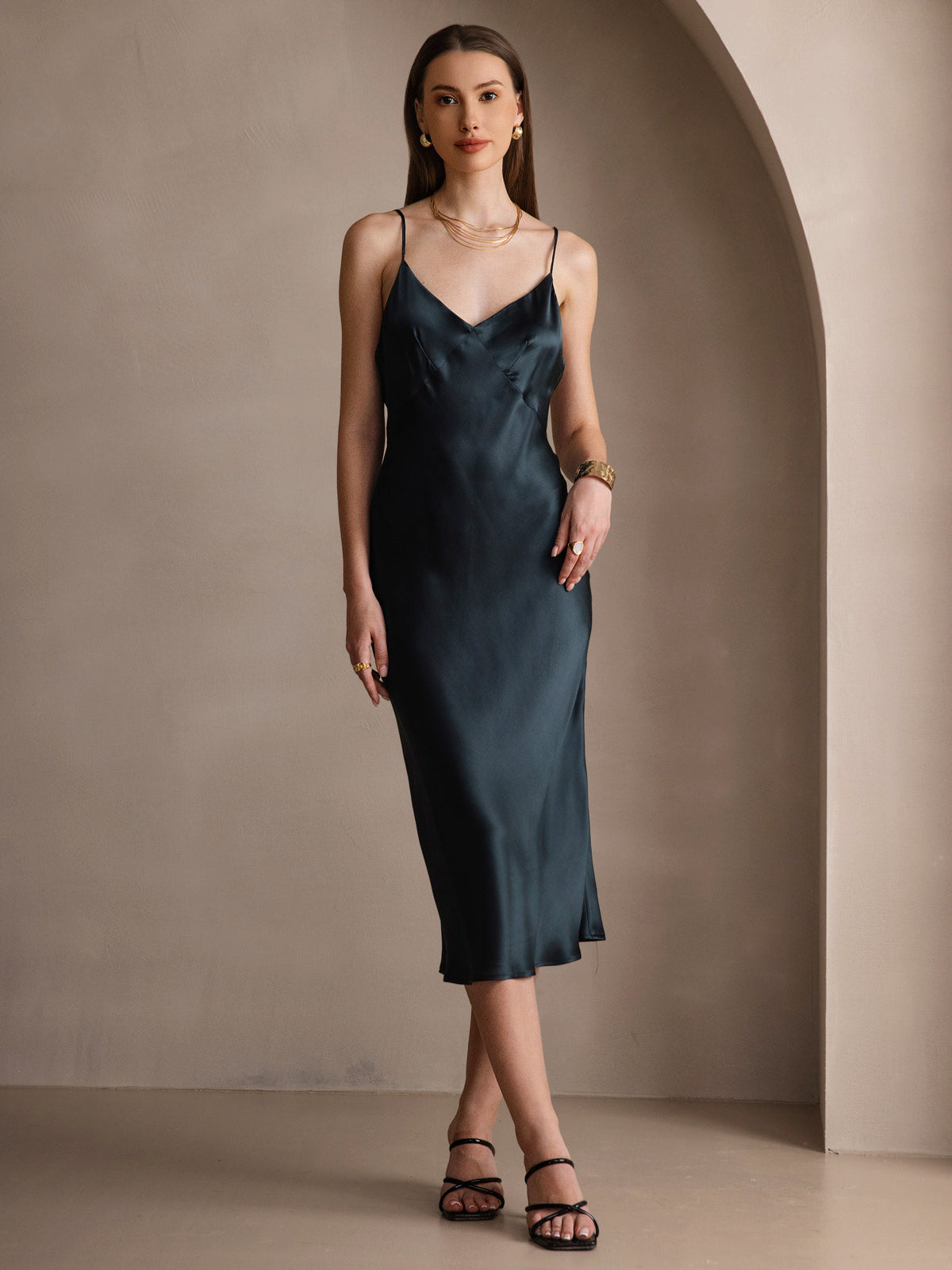 [Dark Green] SilkSilky  19Momme Pure Silk V Neck Dress 001