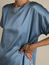 [Grayish Blue] SilkSilky  19Momme Stretch Silk Charmeuse Short Sleeve Boat Neck Women's T-Shirt 008