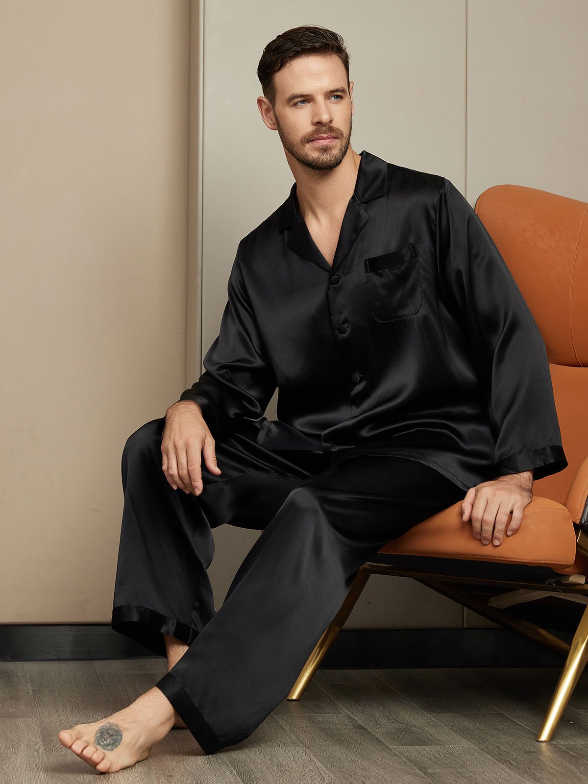 SilkSilky US Pure Silk Long Sleeve Mens Pajamas Black 003